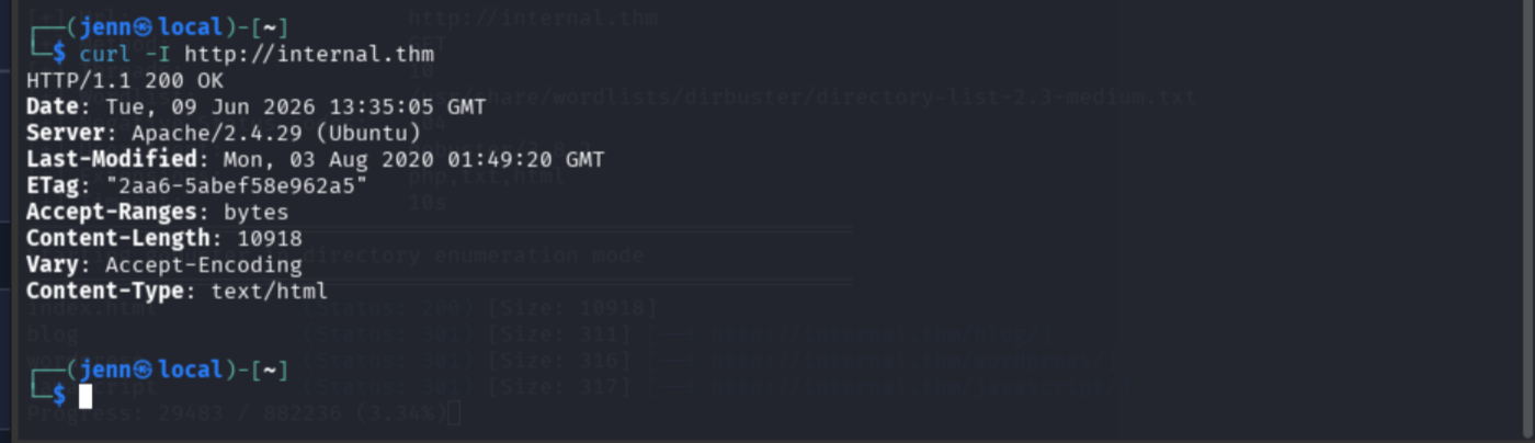 curl -I headers for internal.thm showing Apache 2.4.29 response